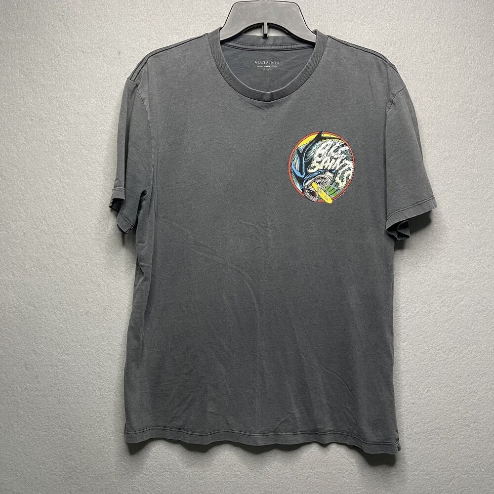 Allsaints Gray Skeleton Shark Surfing Graphic Cotton T Shirt Size Small